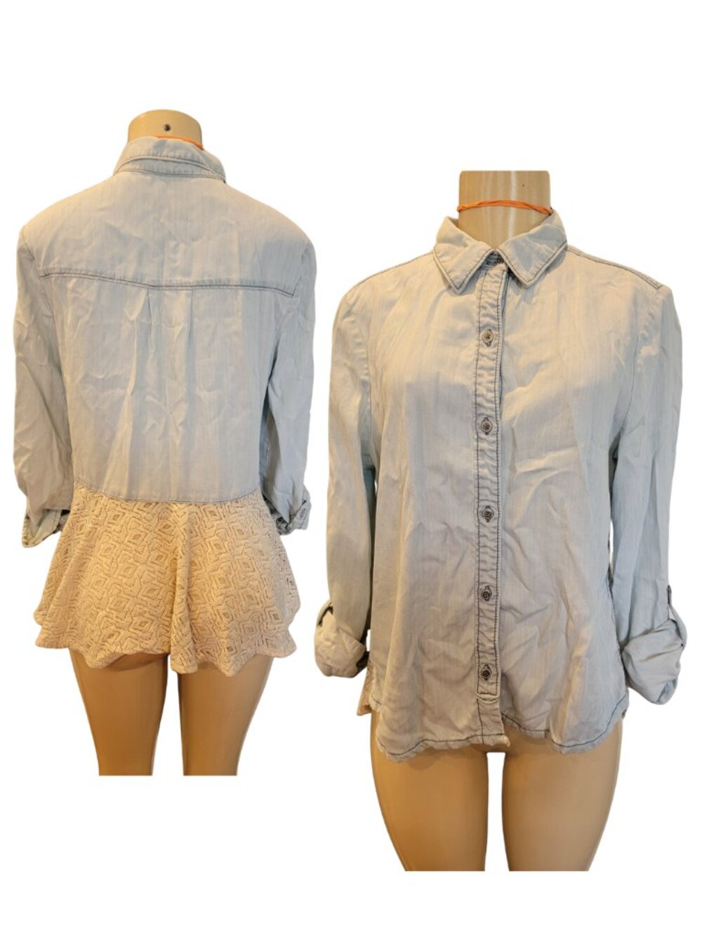 Holding Horses for Anthropologie lace hem tencel denim shirt roll tab